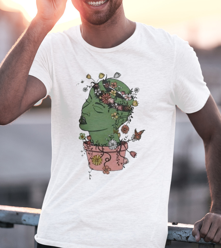 Outgrow Yourself Botanical Head With Flowers And Butterflies T-Shirt