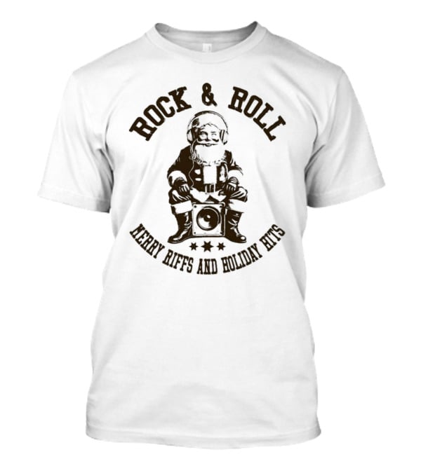 Rock And Roll Merry Riffs And Holiday Hits Santa Listening To Music T-Shirt