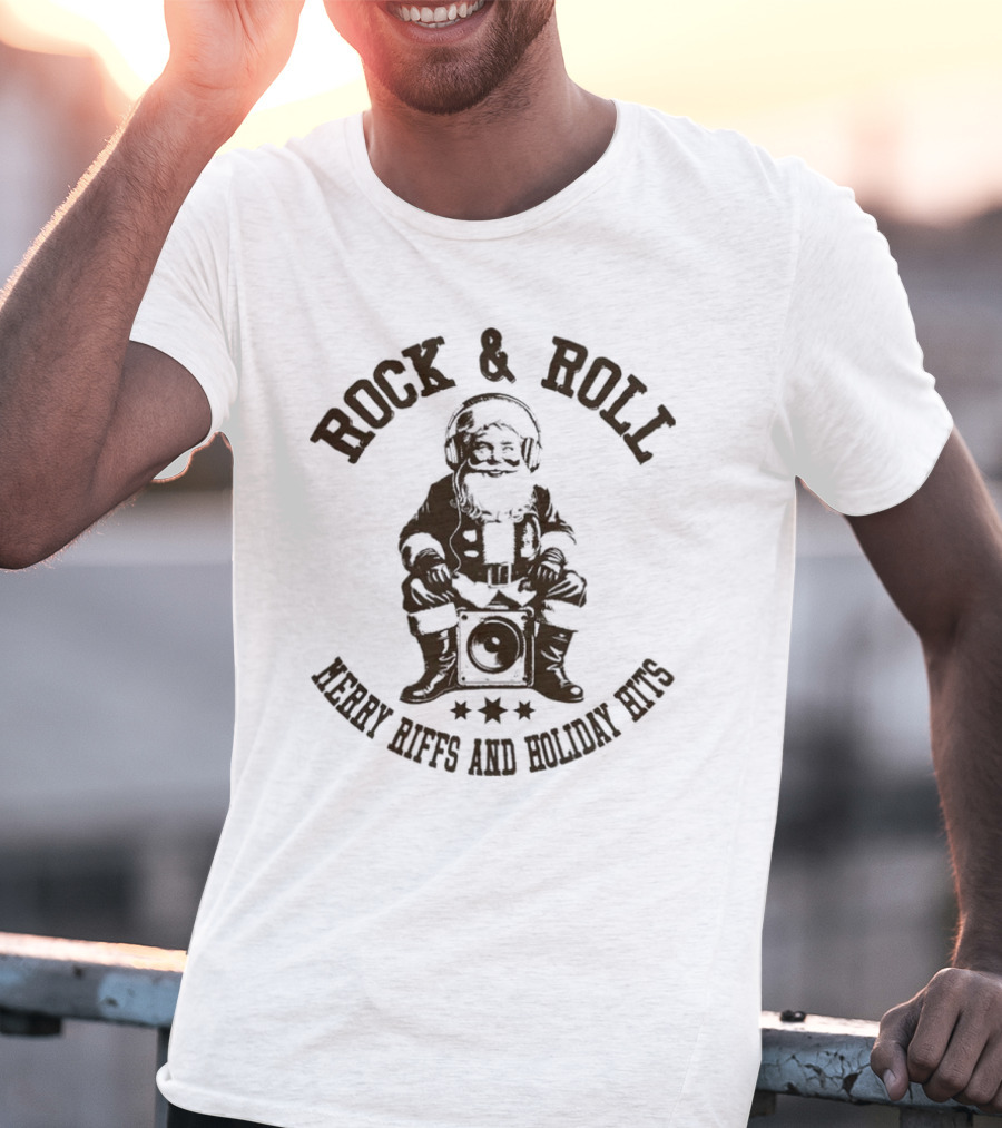 Rock And Roll Merry Riffs And Holiday Hits Santa Listening To Music T-Shirt