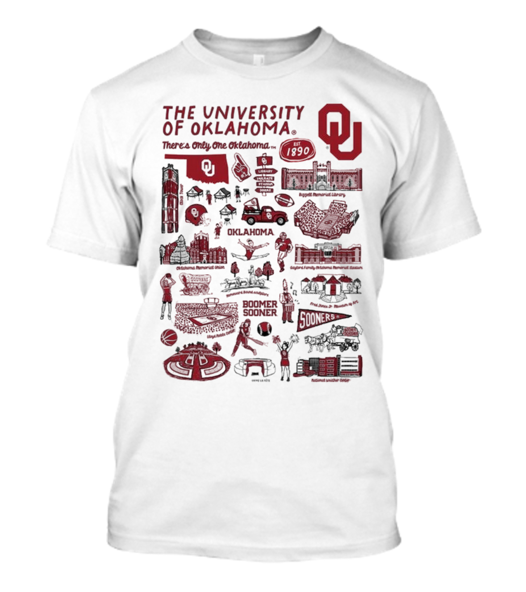 The University Of Oklahoma There's Only One Oklahoma Est 1890 OU Boomer Sooner Landmarks And Traditions T-Shirt