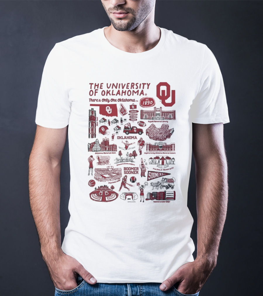 The University Of Oklahoma There's Only One Oklahoma Est 1890 OU Boomer Sooner Landmarks And Traditions T-Shirt