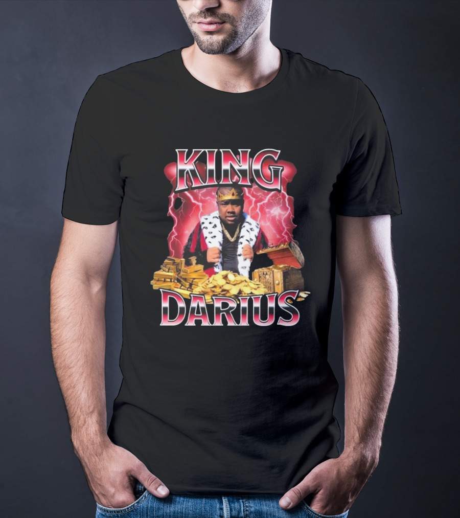 King Darius Royal Gold Treasure With Crown And Lightning Background T-Shirt