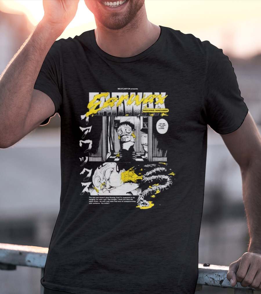 MEATCANYON Presents Earwax Melvin's Macabre Manga Comic Creepy Yellow Text Character Panels T-Shirt