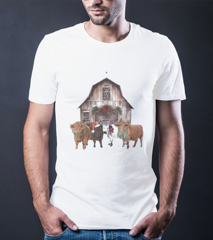 Katie Van Slyke Christmas Cows Barn Holiday Scene By Katie Van Slyke T-Shirt