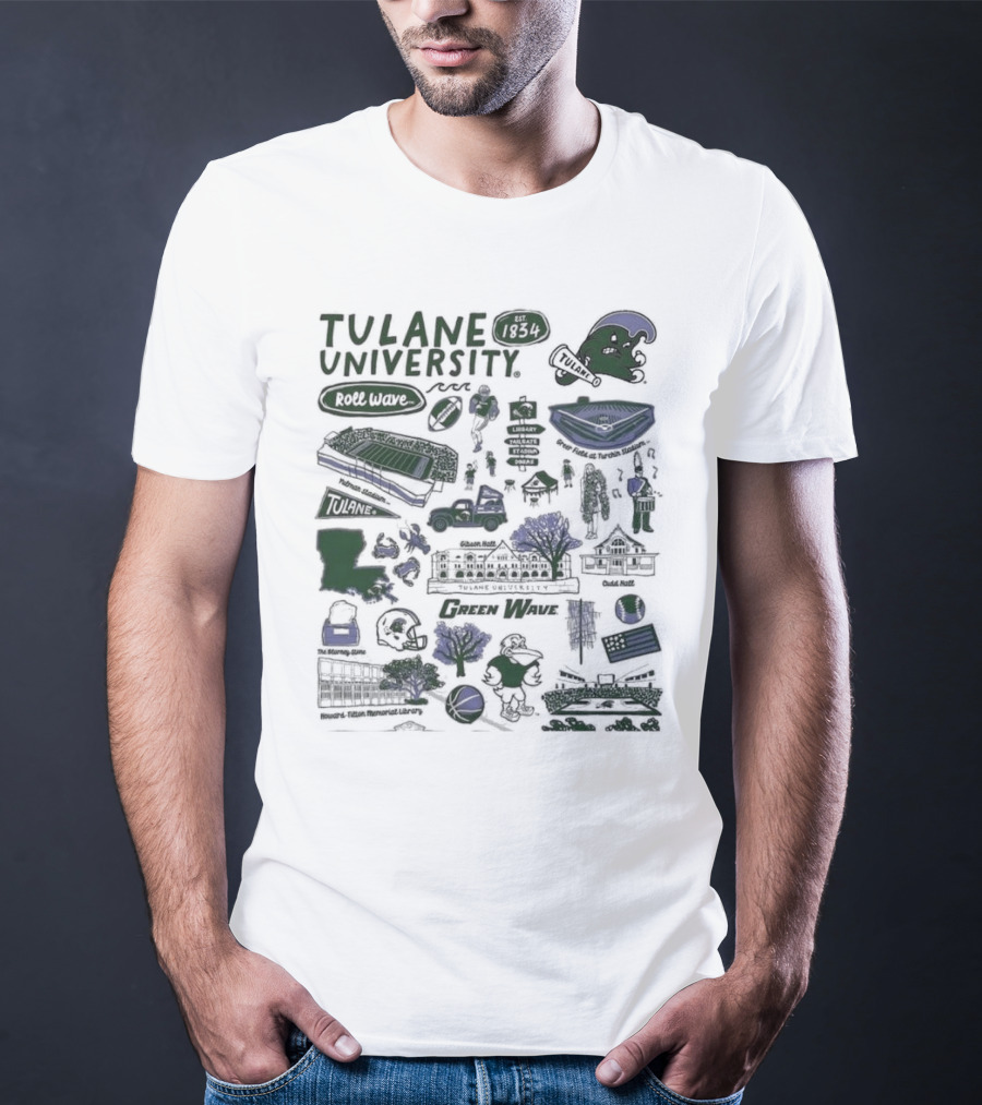 Tulane University Green Wave Roll Wave New Orleans Landmarks Est 1834 Tulane Stadium Riptide Mascot Iconography T-Shirt