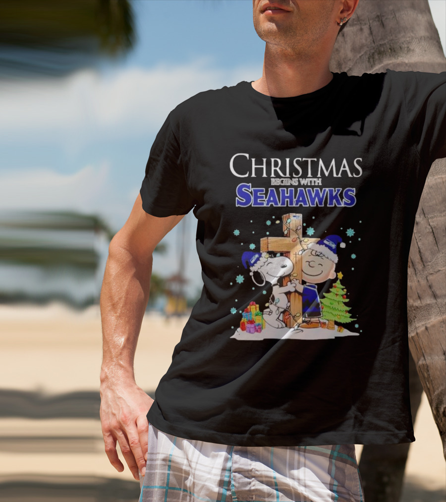 Christmas Begins With Seahawks Charlie Brown Snoopy Jesus Cross T-Shirt