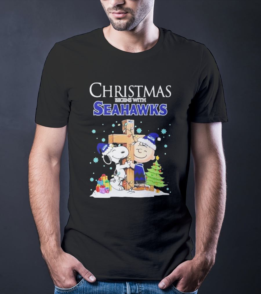 Christmas Begins With Seahawks Charlie Brown Snoopy Jesus Cross T-Shirt