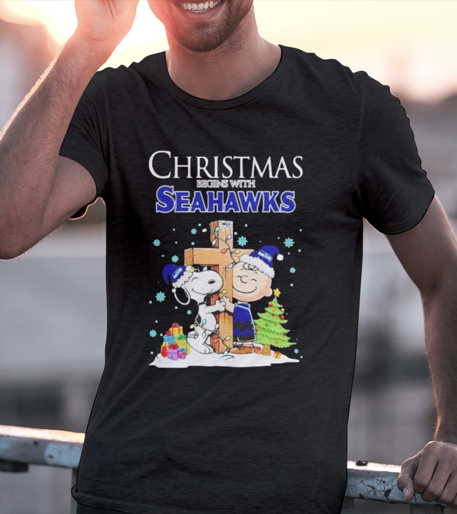 Christmas Begins With Seahawks Charlie Brown Snoopy Jesus Cross T-Shirt