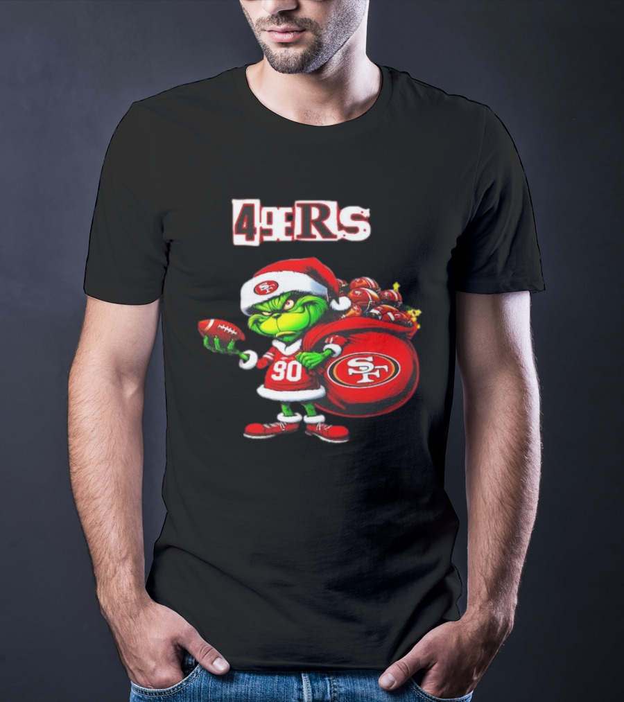 San Francisco 49ers Grinch With Santa Hat And Football Sack Christmas T-Shirt