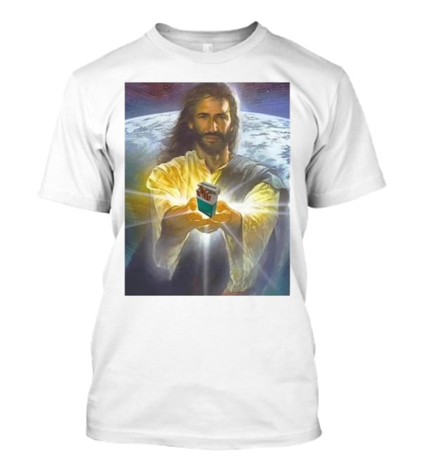 Jesus Offering Marlboro Cigarettes On Cosmic Background T-Shirt