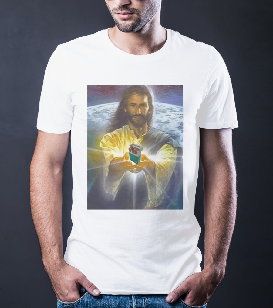 Jesus Offering Marlboro Cigarettes On Cosmic Background T-Shirt