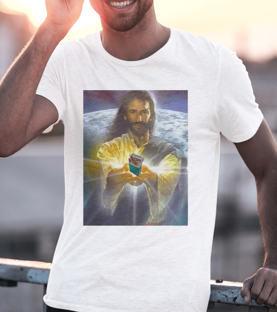 Jesus Offering Marlboro Cigarettes On Cosmic Background T-Shirt