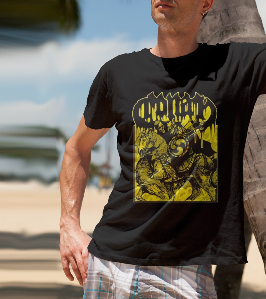 Conan Horseback Warrior With Shield And Hammer On Black And Yellow T-Shirt