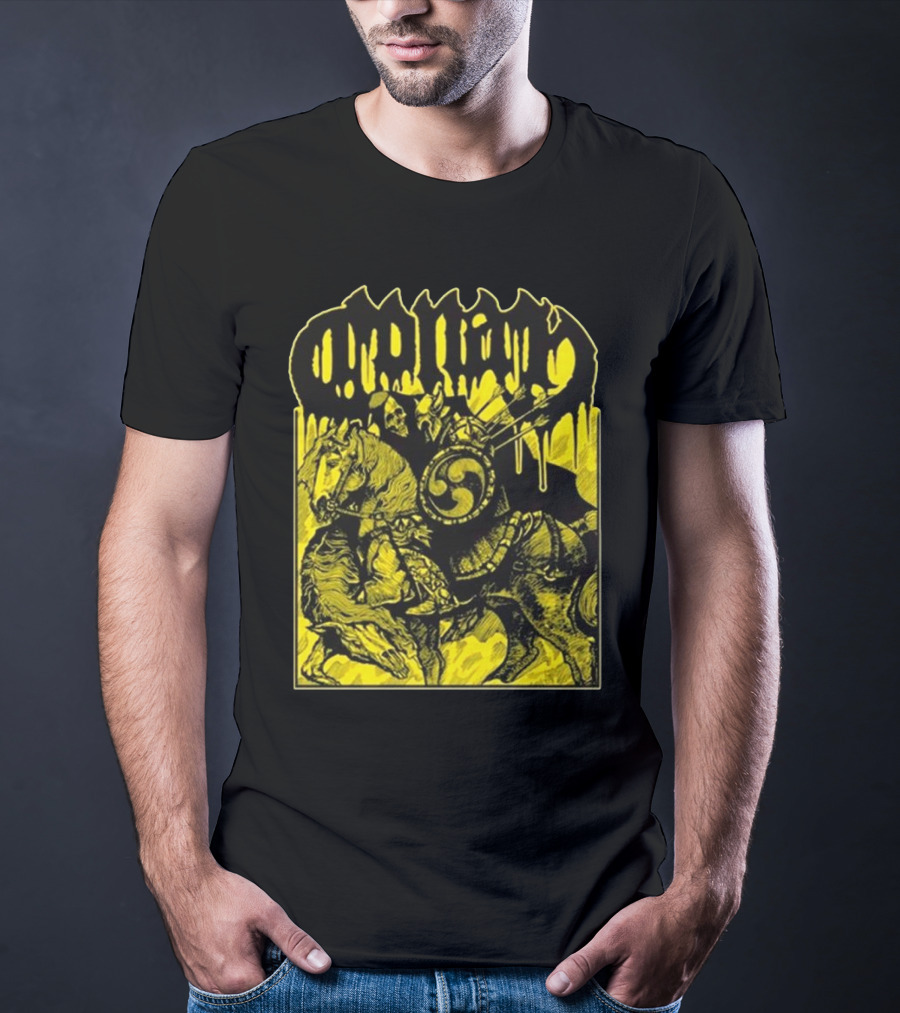 Conan Horseback Warrior With Shield And Hammer On Black And Yellow T-Shirt