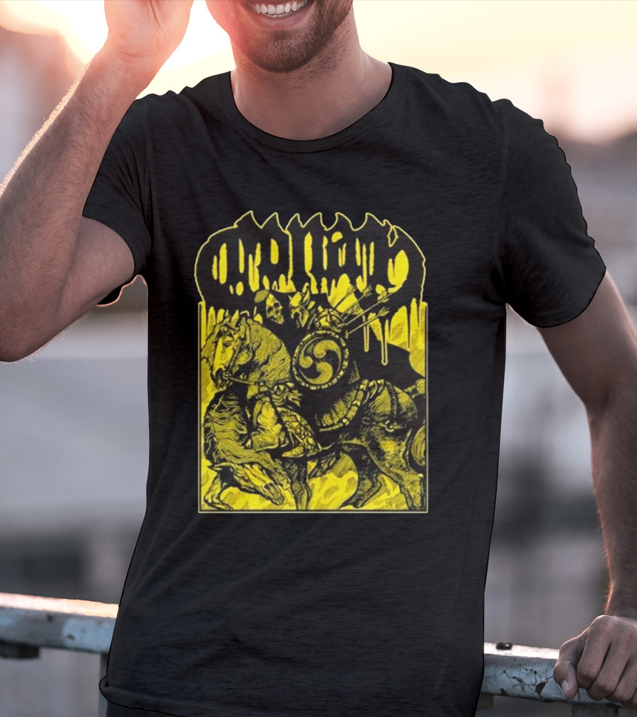 Conan Horseback Warrior With Shield And Hammer On Black And Yellow T-Shirt