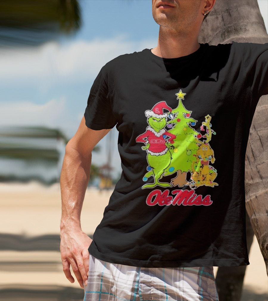 Ole Miss Rebels Grinch And Max Dog Christmas Tree T-Shirt