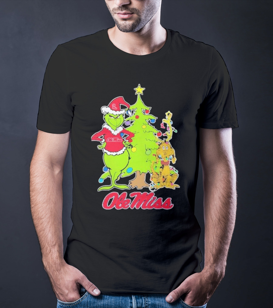 Ole Miss Rebels Grinch And Max Dog Christmas Tree T-Shirt