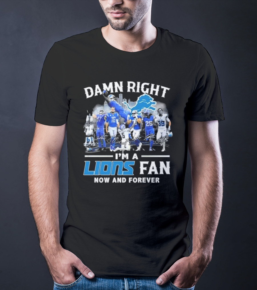 Damn Right I'm A Detroit Lions Fan Now And Forever Signatures Skyline T-Shirt