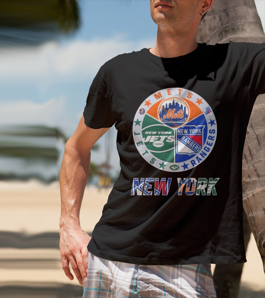 New York Mets Rangers Jets Circle Logo Skyline Baseball Football Hockey Teams T-Shirt