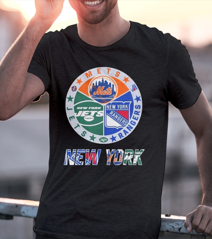 New York Mets Rangers Jets Circle Logo Skyline Baseball Football Hockey Teams T-Shirt