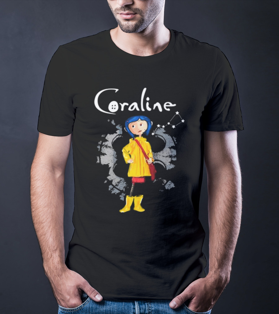 Coraline Character In Yellow Coat With Button Eyes And Star Constellation Background T-Shirt