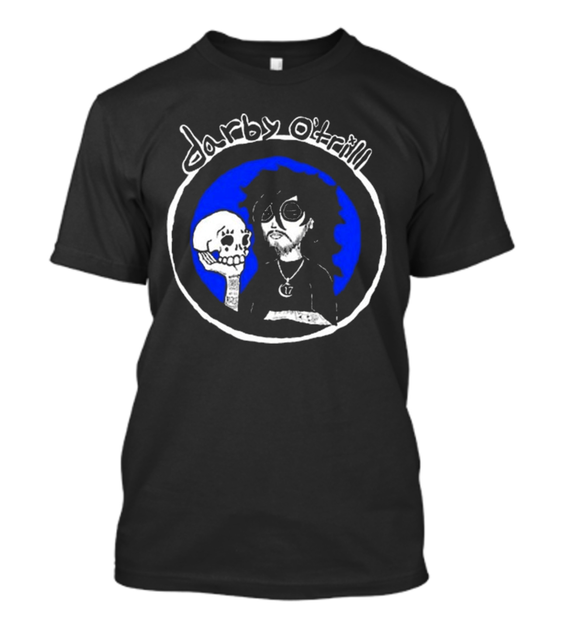 Darby O’trill Skull And Sunglasses Character With Blue Background T-Shirt
