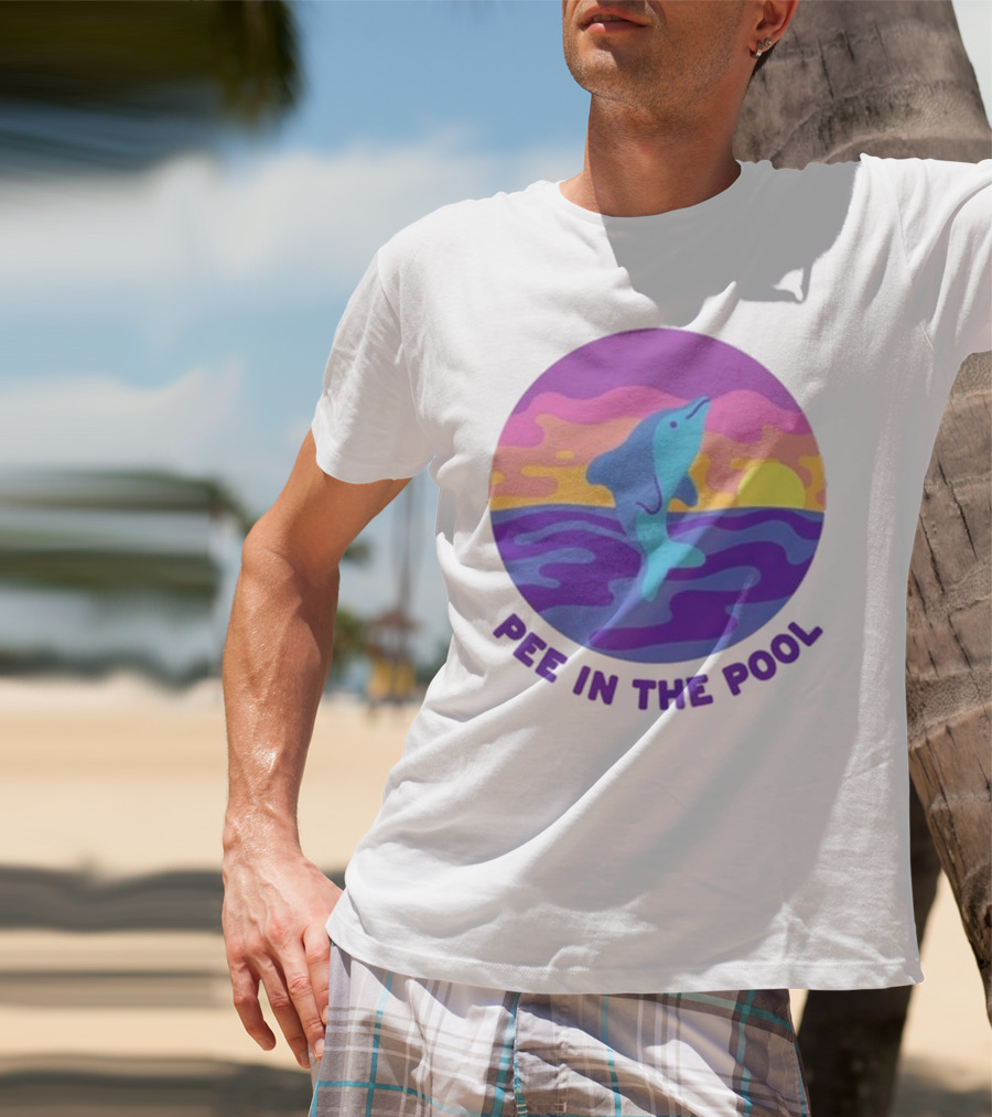 Pee In The Pool Dolphin Retro Sunset Ocean Scene T-Shirt