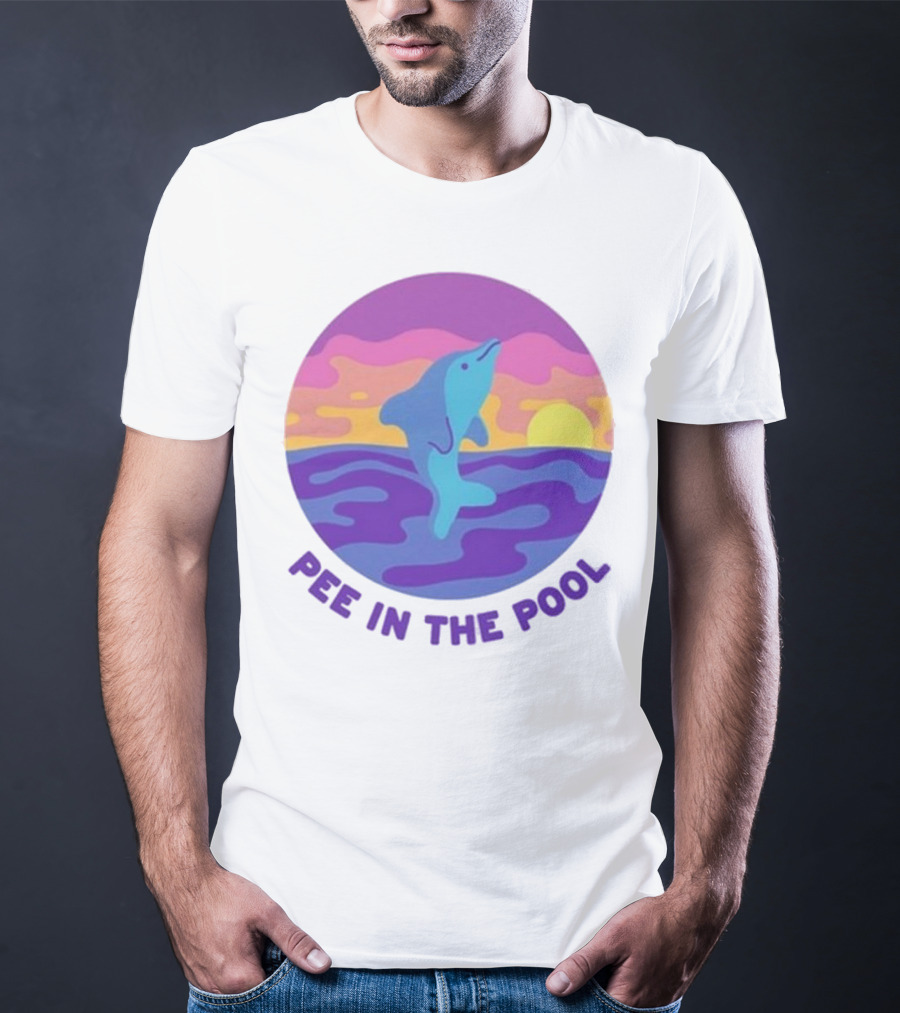 Pee In The Pool Dolphin Retro Sunset Ocean Scene T-Shirt