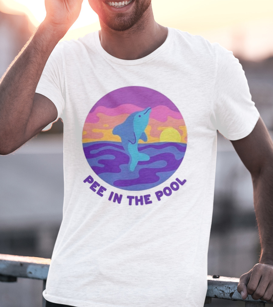 Pee In The Pool Dolphin Retro Sunset Ocean Scene T-Shirt