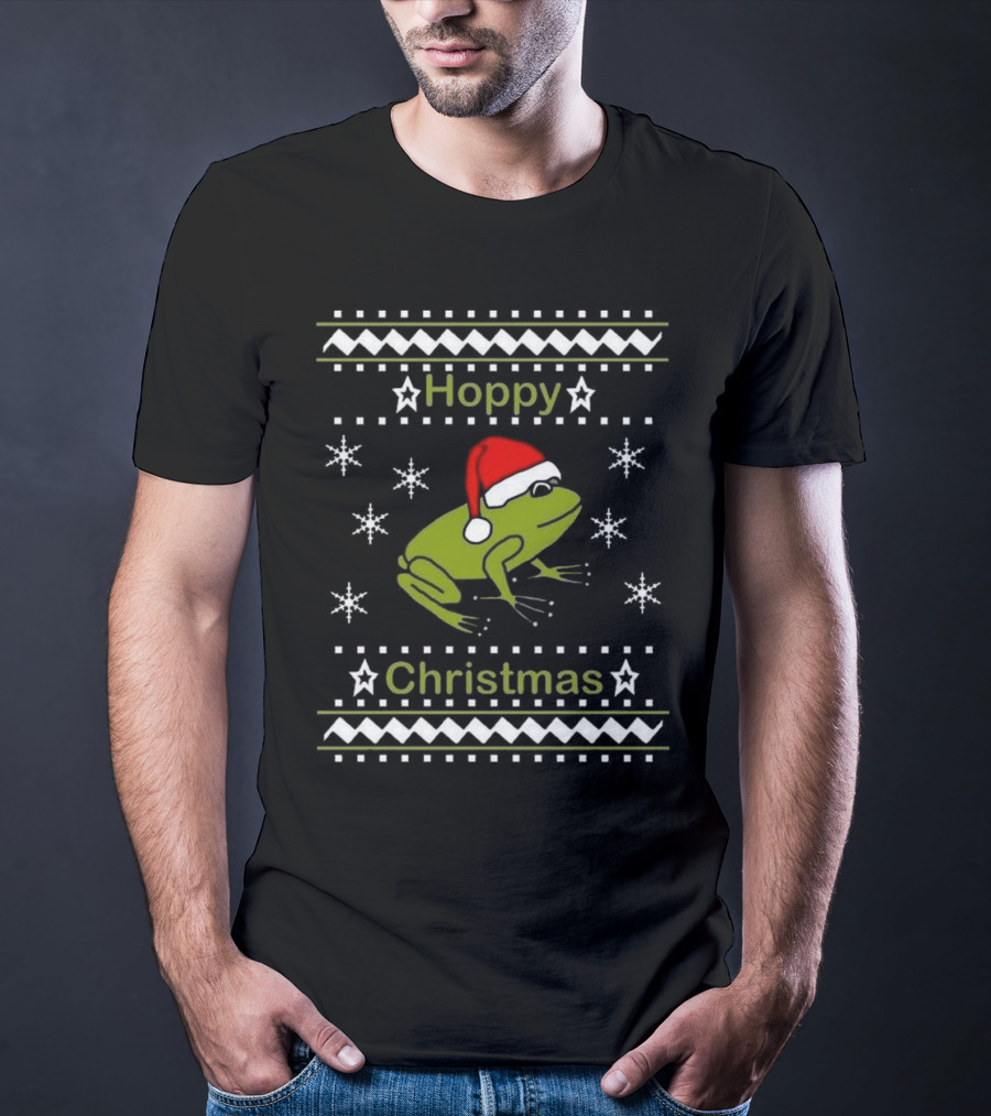 Hoppy Christmas Frog Wearing Santa Hat Surrounded By Snowflakes T-Shirt