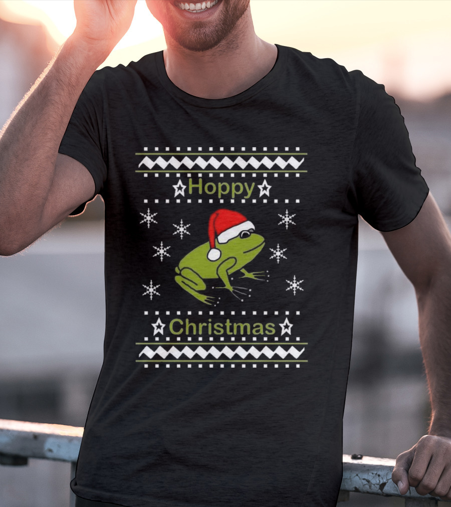 Hoppy Christmas Frog Wearing Santa Hat Surrounded By Snowflakes T-Shirt