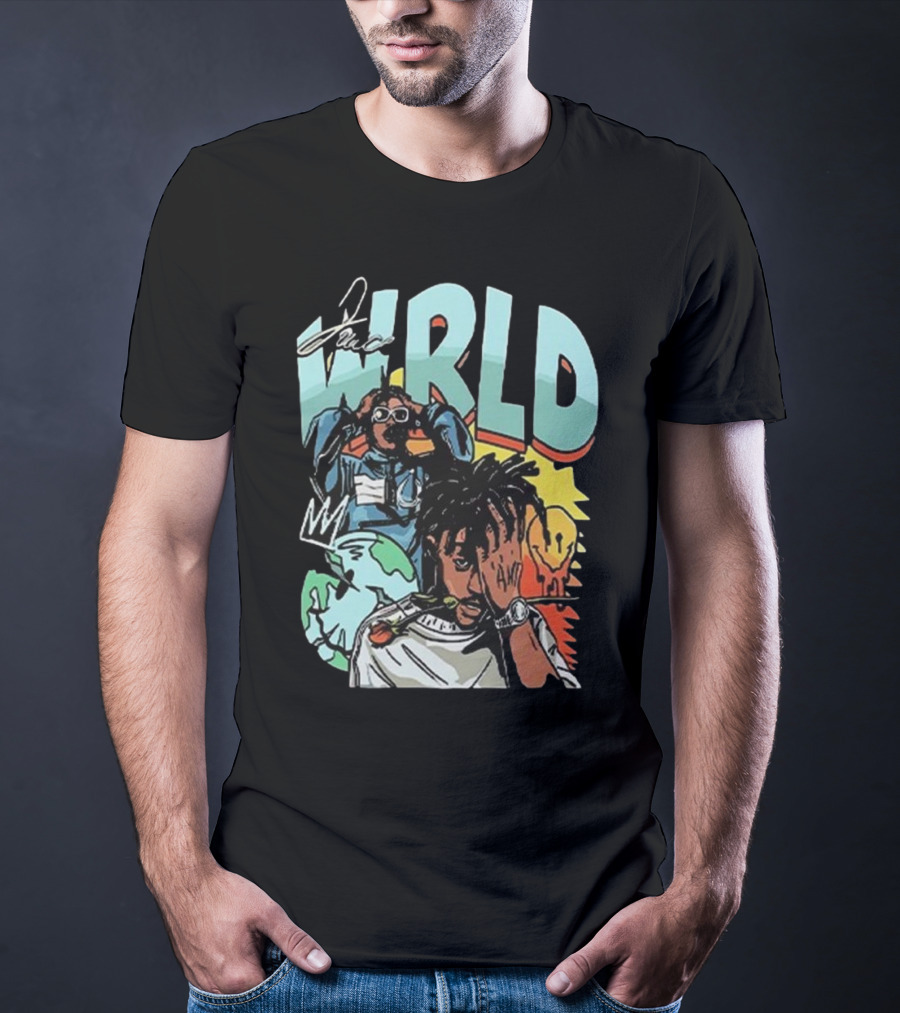 Juice WRLD Rapper Signature And Cartoon Globe With Crown T-Shirt