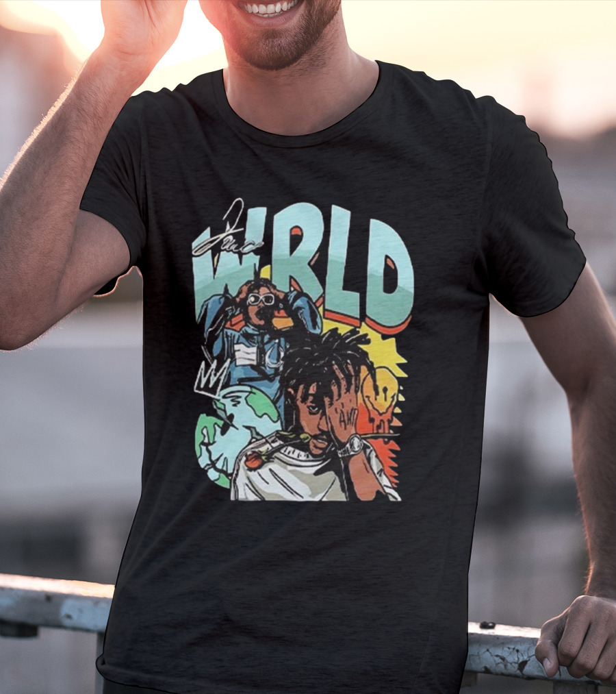 Juice WRLD Rapper Signature And Cartoon Globe With Crown T-Shirt