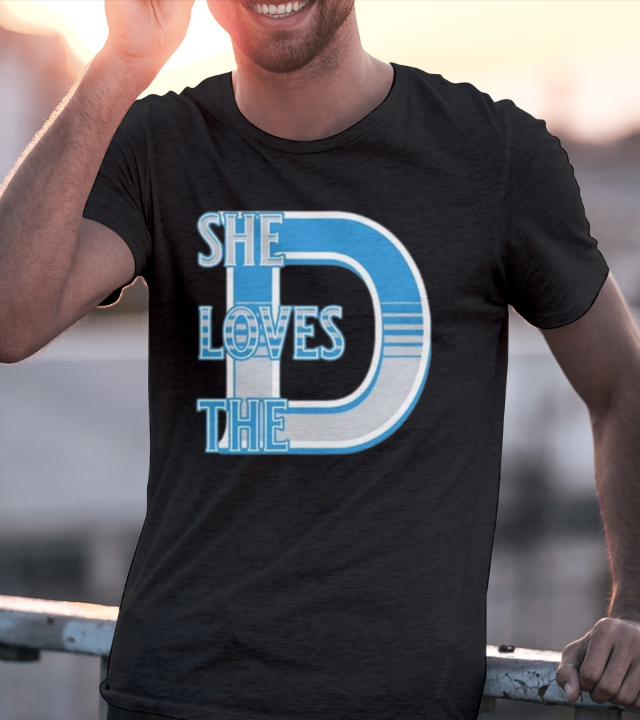 She Loves The D Detroit Blue Striped Lettering T-Shirt