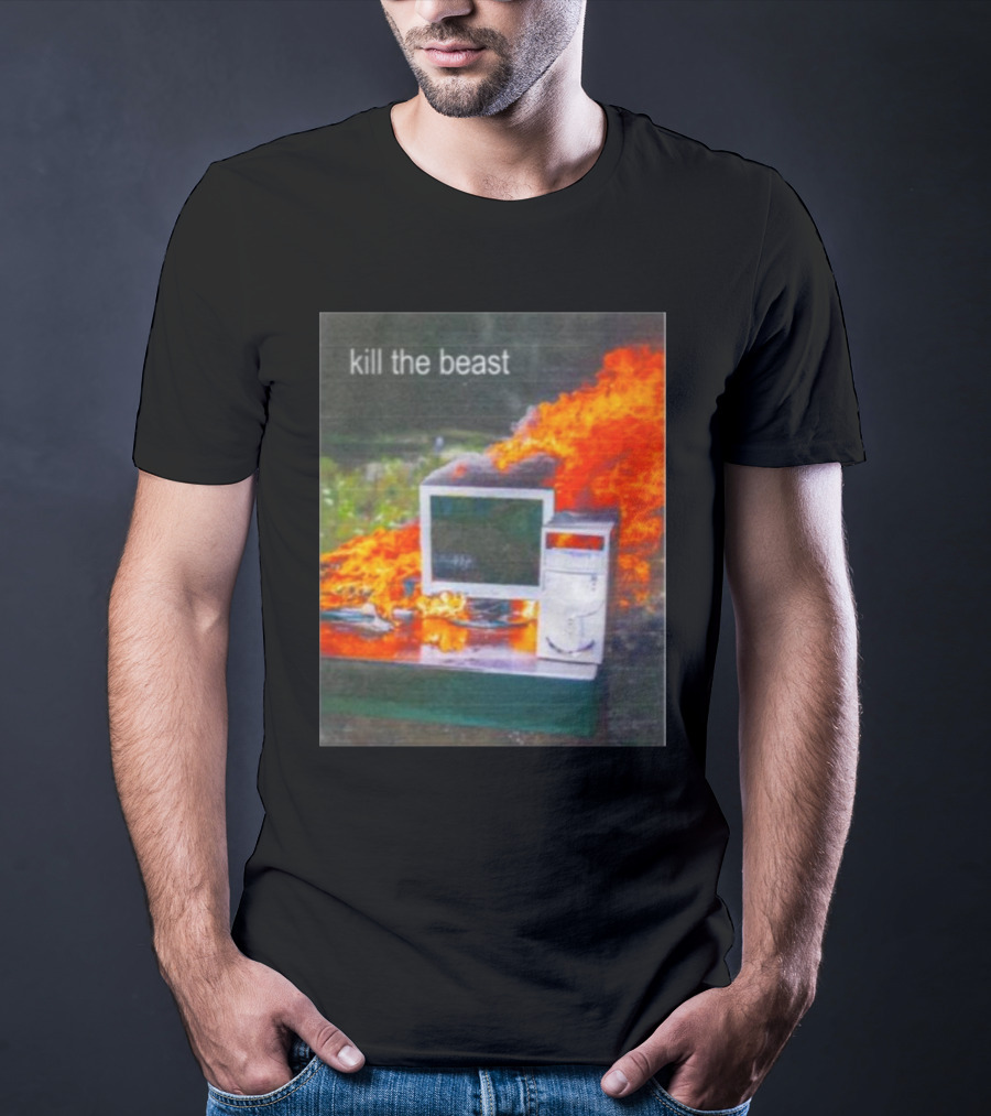 Kill The Beast Flaming Computer Dogecore Duel Monitors T-Shirt