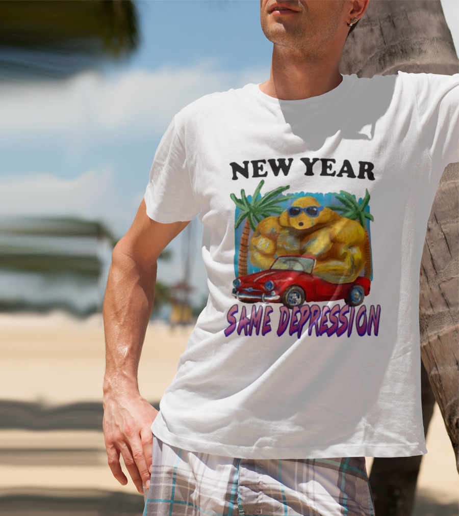 New Year Same Depression Buff Duck Red Convertible Palm Trees T-Shirt