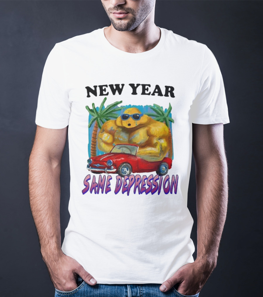 New Year Same Depression Buff Duck Red Convertible Palm Trees T-Shirt