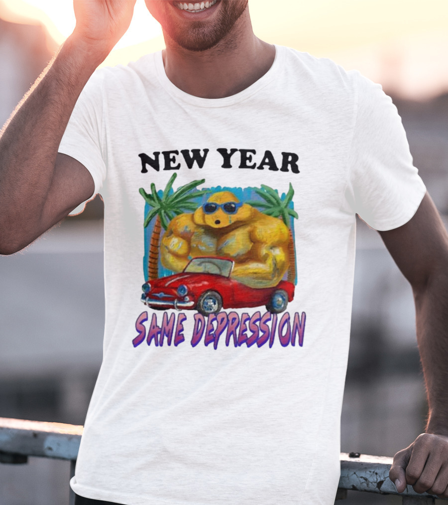 New Year Same Depression Buff Duck Red Convertible Palm Trees T-Shirt