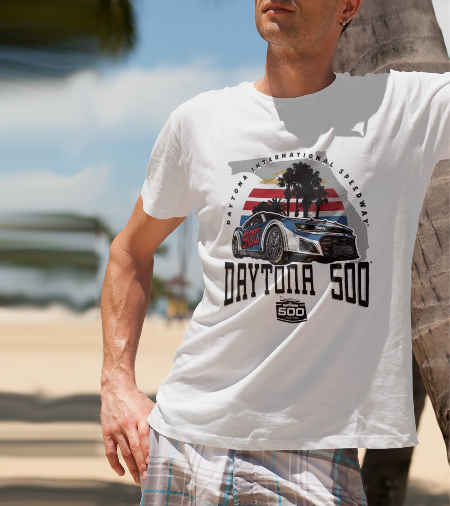 Daytona 500 Daytona International Speedway 2025 Racing Car Graphic With Palm Trees And Stripes T-Shirt