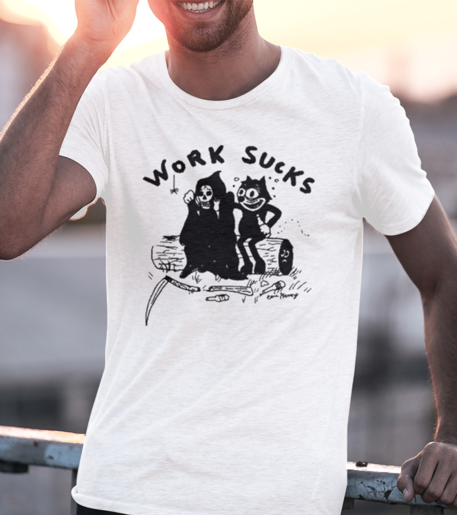 Heavyslime Work Sucks Grim Reaper And Cat Cartoon Comic Art By Eric Kenney T-Shirt