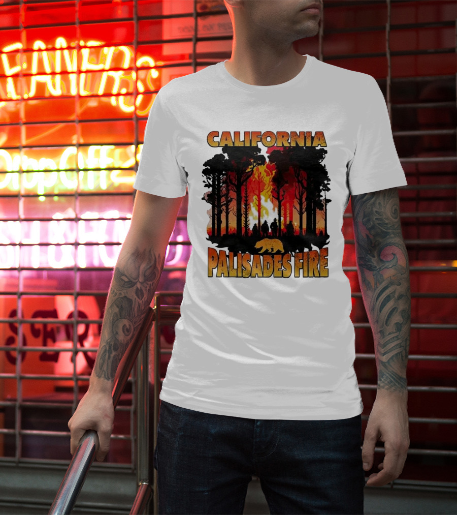 California Palisades Fire 2025 Forest Silhouette And Flames With Bear T-Shirt
