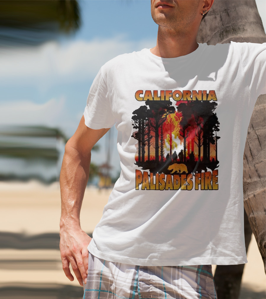 California Palisades Fire 2025 Forest Silhouette And Flames With Bear T-Shirt