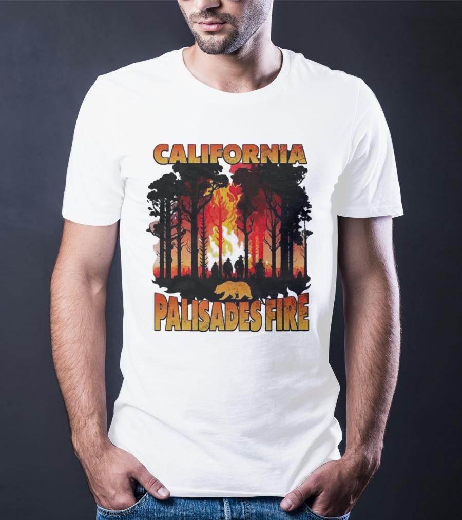 California Palisades Fire 2025 Forest Silhouette And Flames With Bear T-Shirt