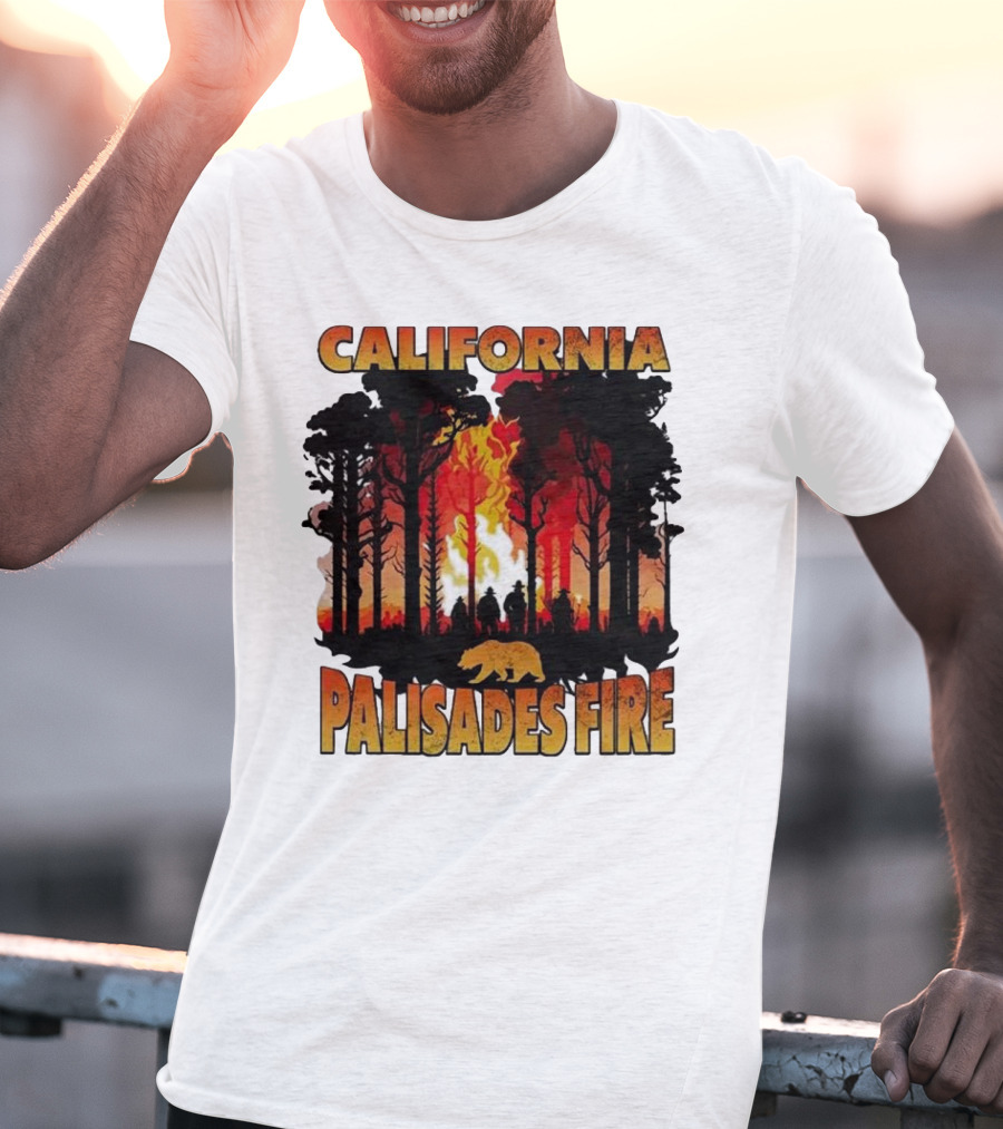 California Palisades Fire 2025 Forest Silhouette And Flames With Bear T-Shirt