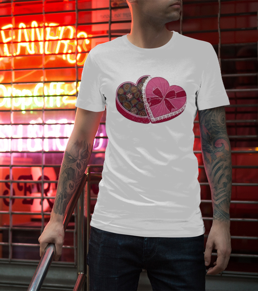 Mallory Ervin Heart Shaped Box Of Chocolates With Pink Ribbon Lace T-Shirt
