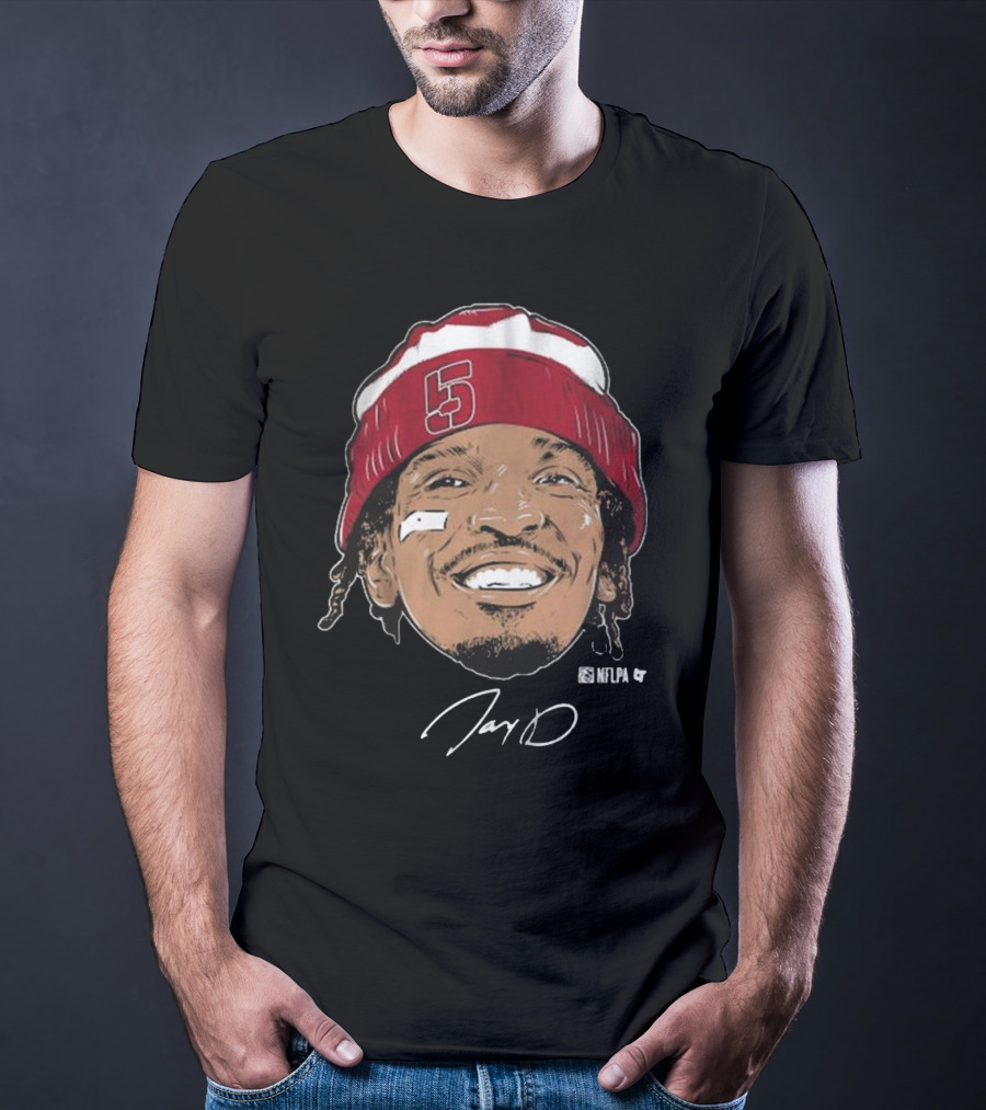 Jayden Daniels Face Bandage Signature NFLPA Number 5 Beanie T-Shirt