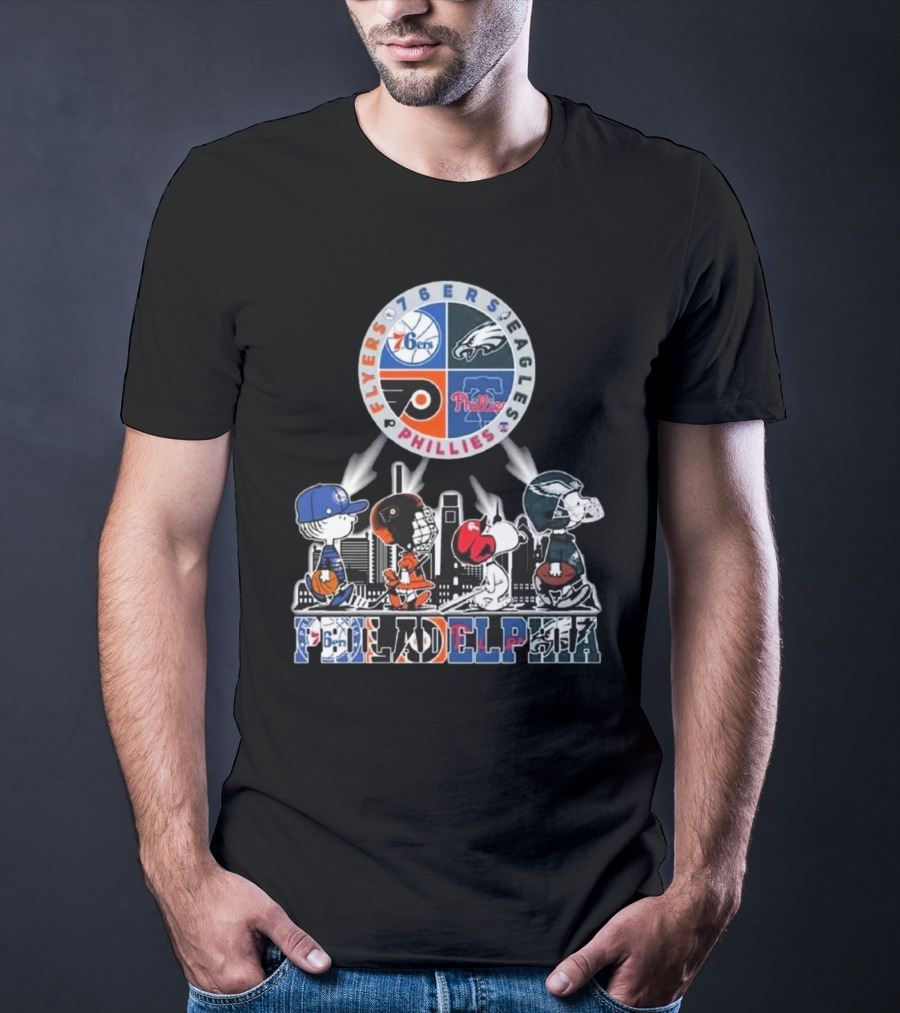 Peanuts Characters In Philadelphia Flyers 76ers Eagles Phillies Sports Mashup T-Shirt