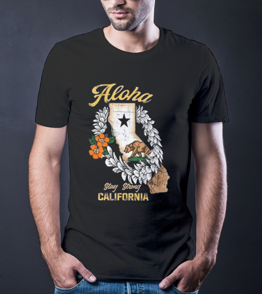 Aloha Stay Strong California Bear Star Map And Flower Garland T-Shirt