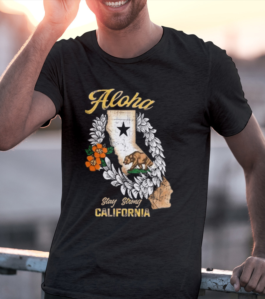 Aloha Stay Strong California Bear Star Map And Flower Garland T-Shirt