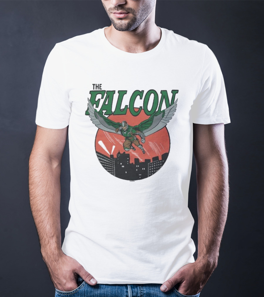 The Falcon Soaring Over City Skyline In Action-Packed Comic T-Shirt